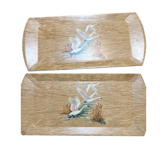Vintage 50s Set of 8 Coronet Haskelite Wooden Lap Buffet Trays Geese Swans - Picture 5 of 7